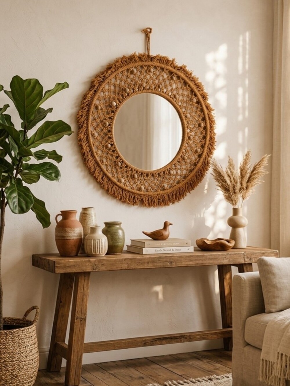 Large Handmade Macrame Mirror, Boho Sunburst Tassel Decor, 20" Anthropologie